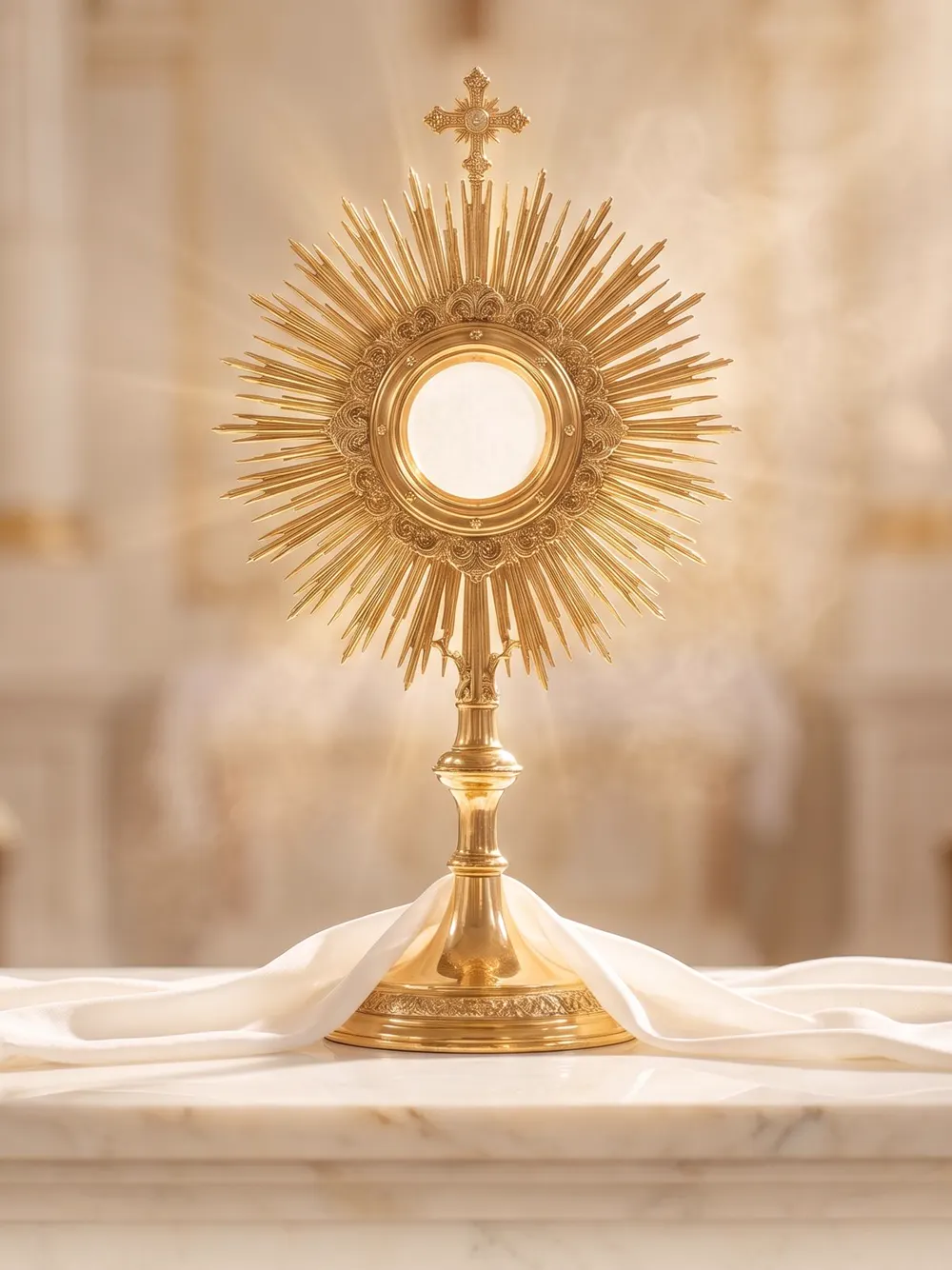 Una custodia dorada iluminada sobre el altar.